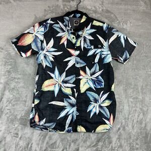 Rip Curl Button Front Shirt Men's L Black Blue Hawaiian Print